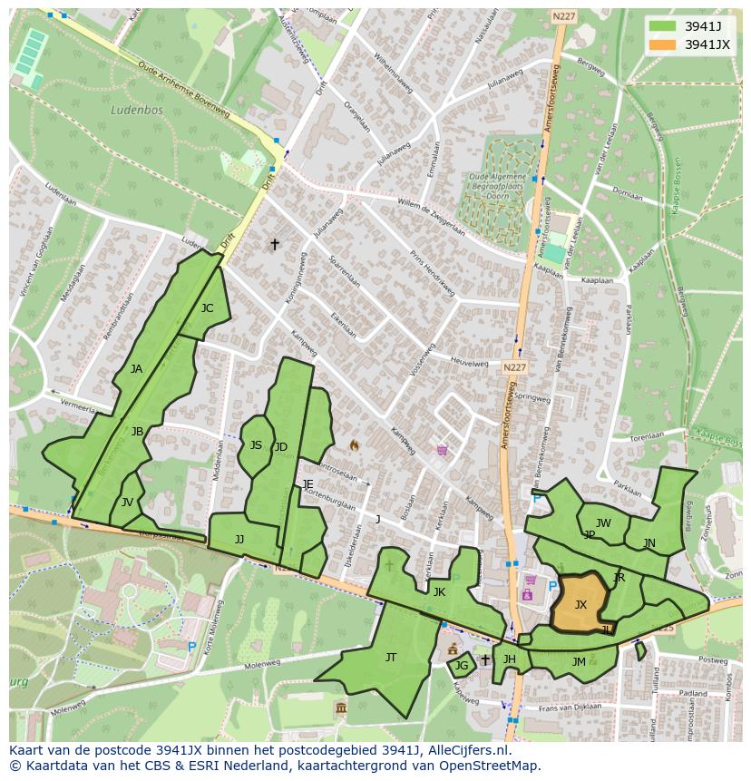 Afbeelding van het postcodegebied 3941 JX op de kaart.