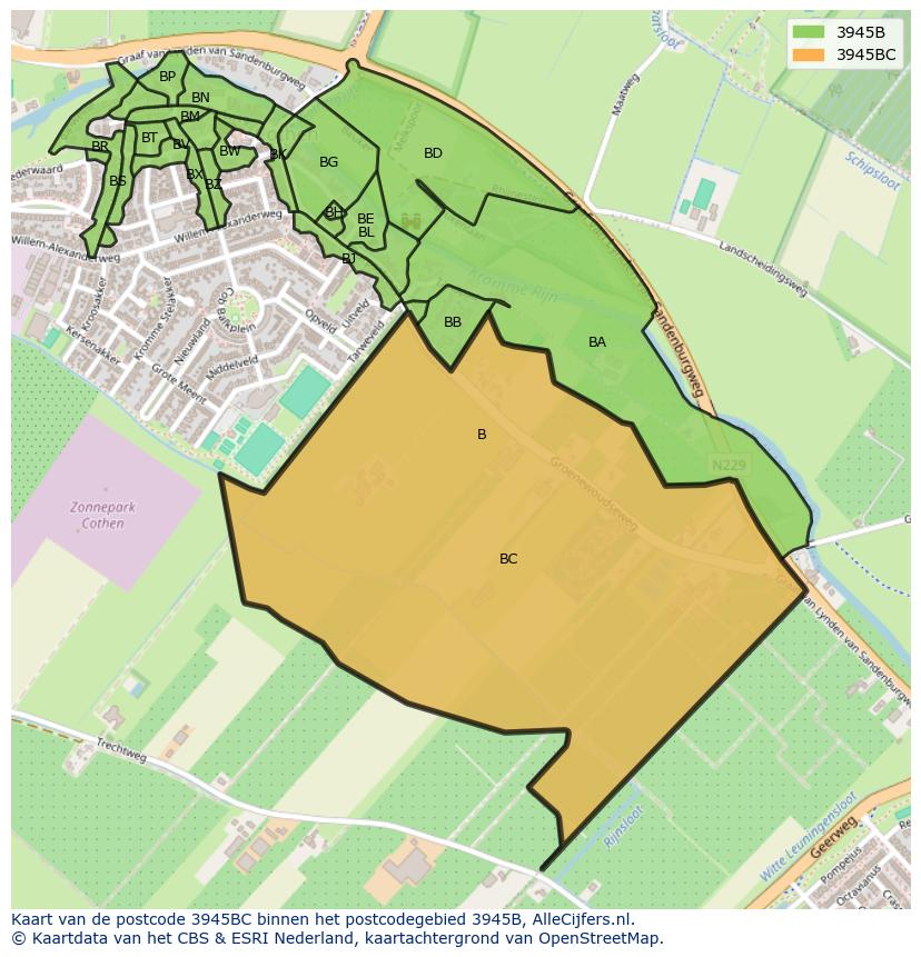 Afbeelding van het postcodegebied 3945 BC op de kaart.