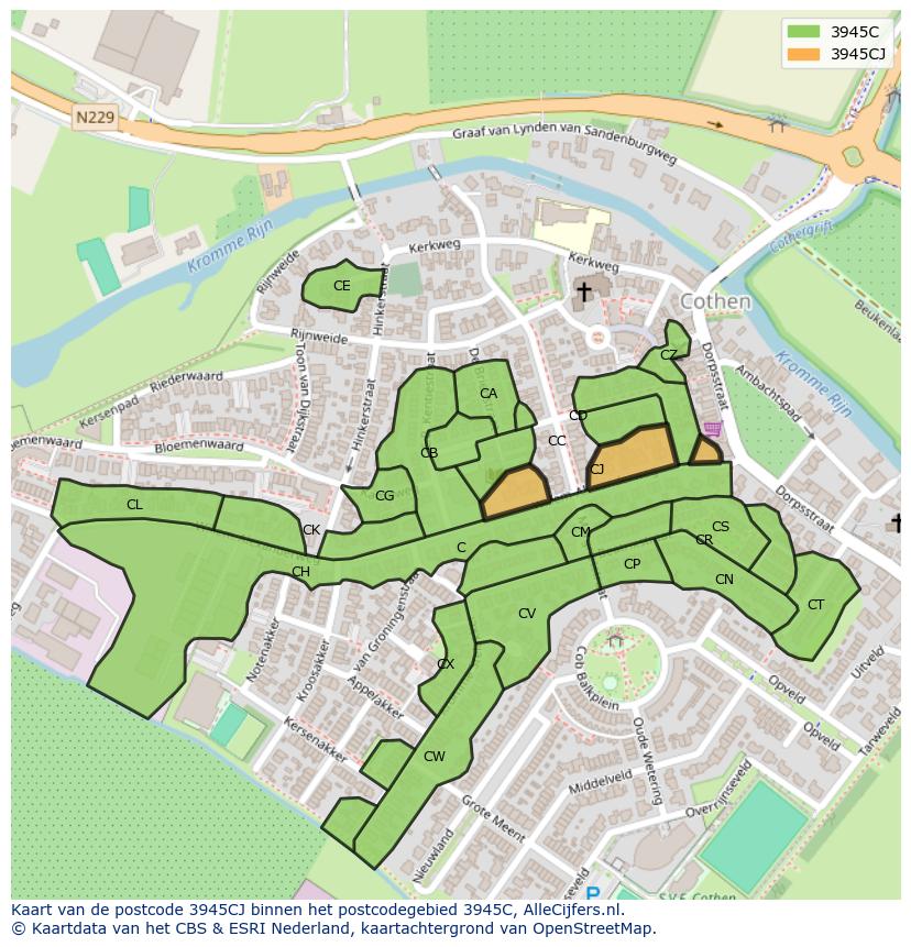 Afbeelding van het postcodegebied 3945 CJ op de kaart.