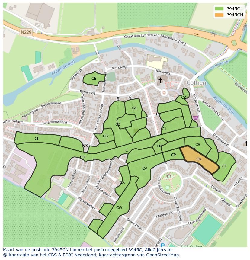 Afbeelding van het postcodegebied 3945 CN op de kaart.