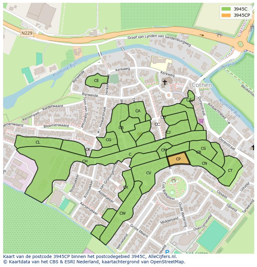 Afbeelding van het postcodegebied 3945 CP op de kaart.