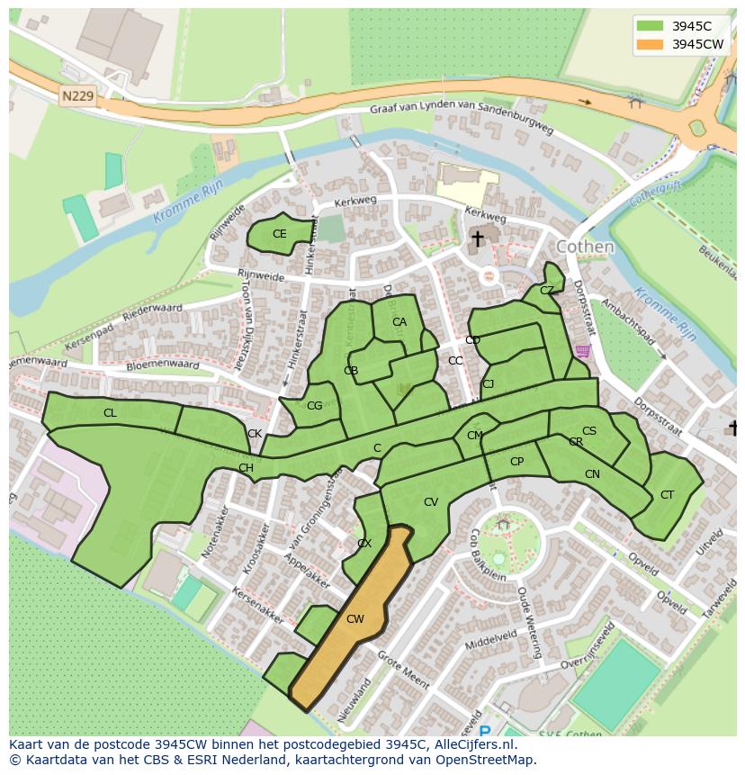Afbeelding van het postcodegebied 3945 CW op de kaart.