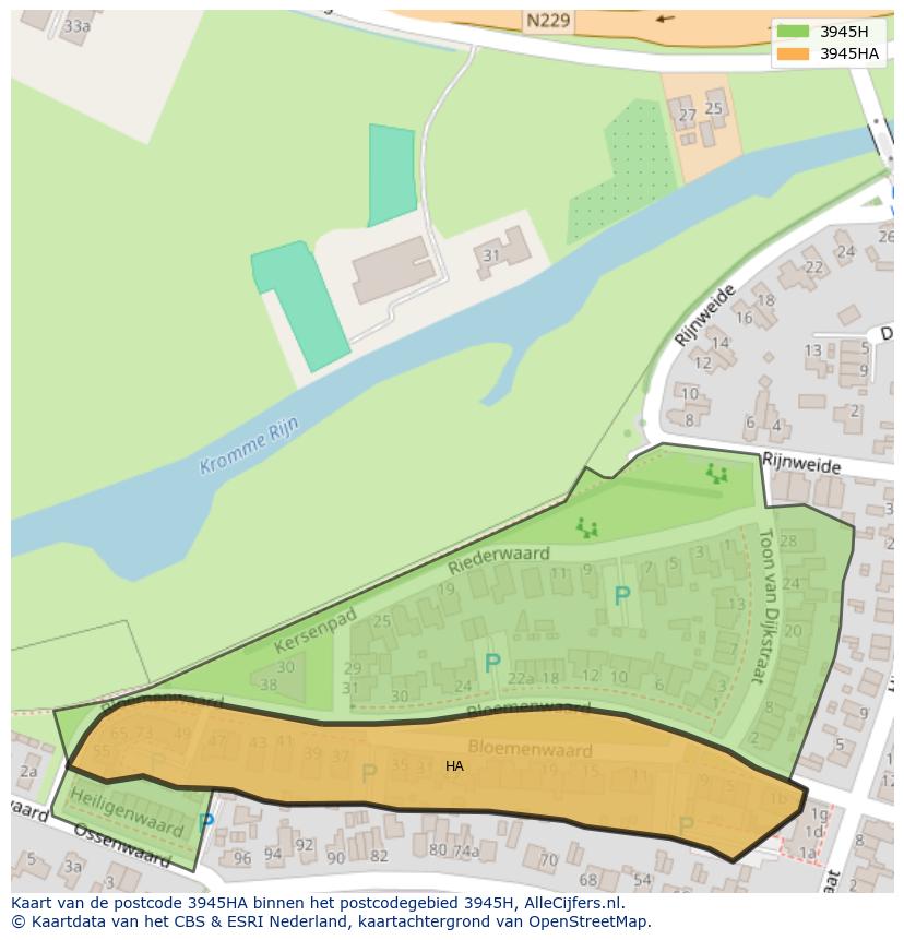 Afbeelding van het postcodegebied 3945 HA op de kaart.