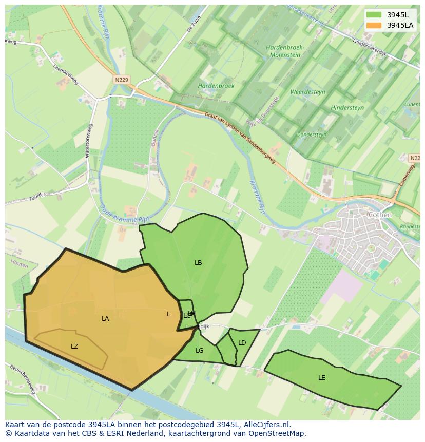 Afbeelding van het postcodegebied 3945 LA op de kaart.