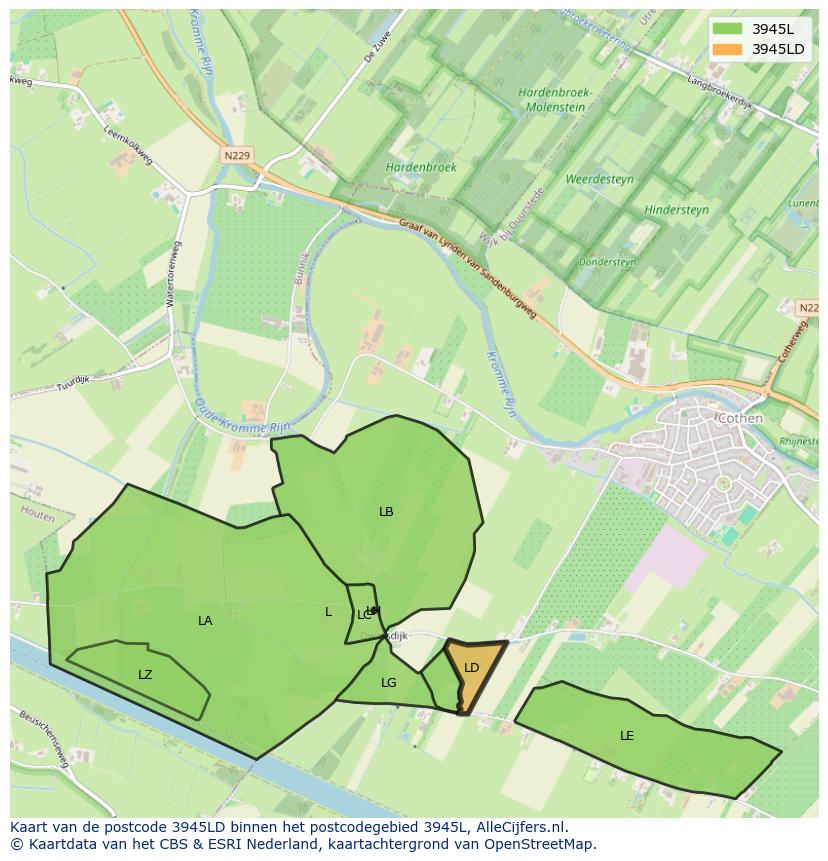 Afbeelding van het postcodegebied 3945 LD op de kaart.
