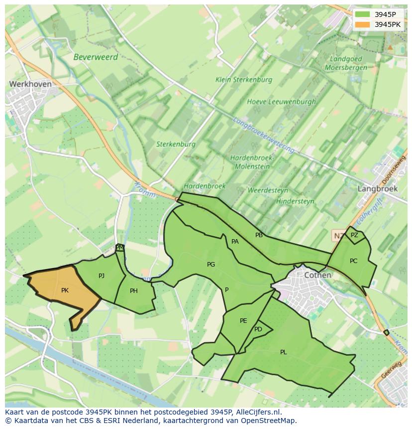 Afbeelding van het postcodegebied 3945 PK op de kaart.