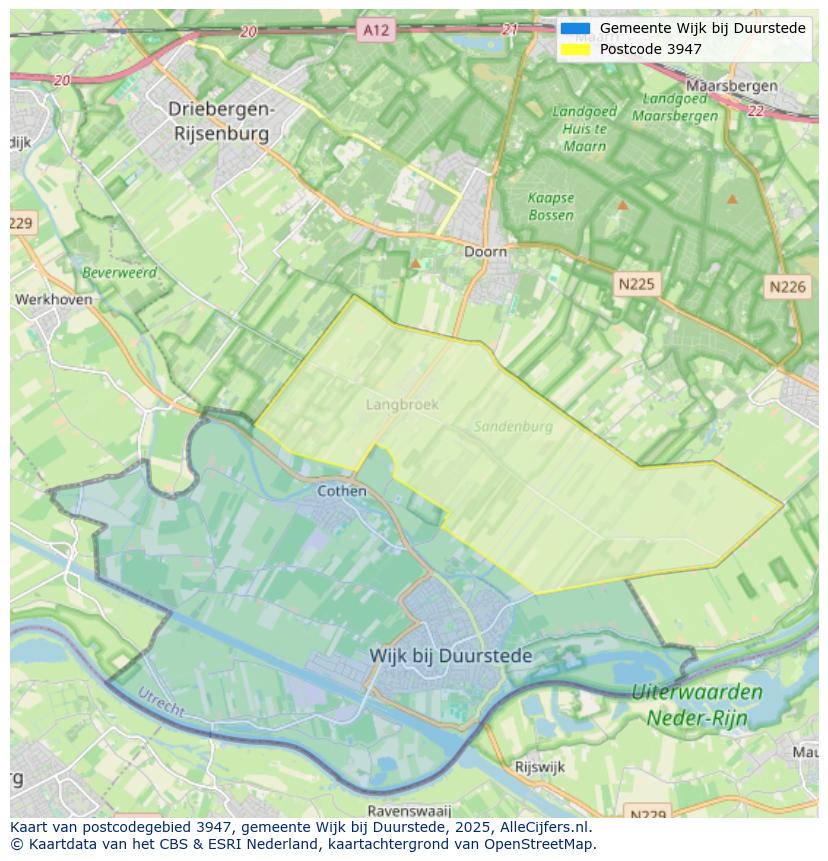 Afbeelding van het postcodegebied 3947 op de kaart.