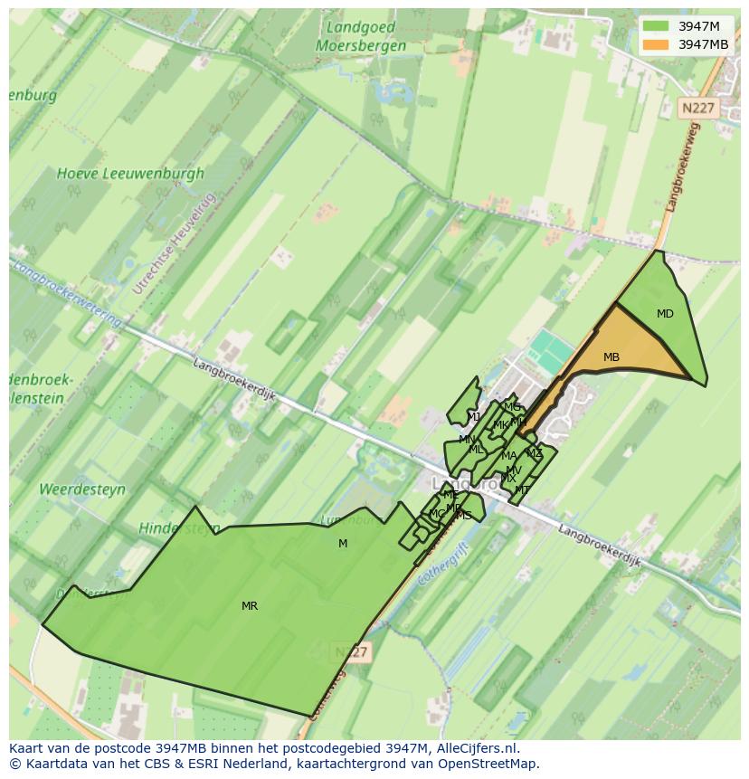 Afbeelding van het postcodegebied 3947 MB op de kaart.