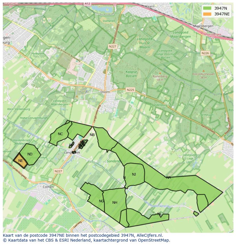 Afbeelding van het postcodegebied 3947 NE op de kaart.