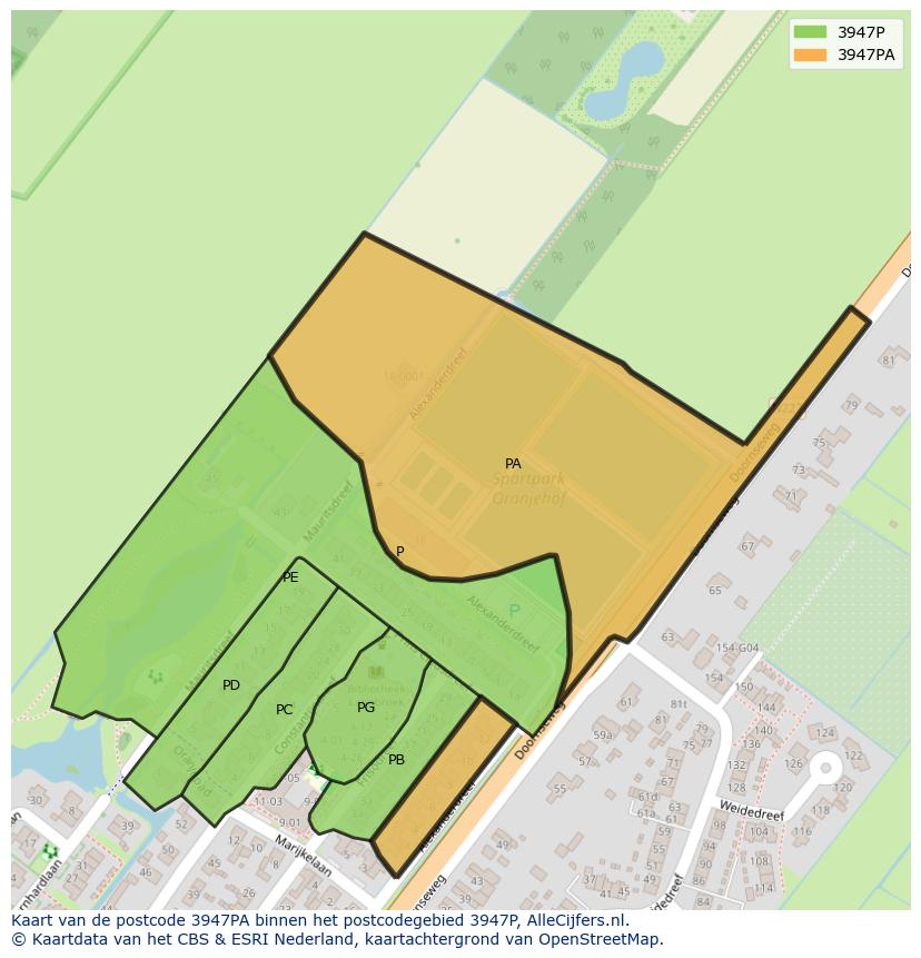 Afbeelding van het postcodegebied 3947 PA op de kaart.
