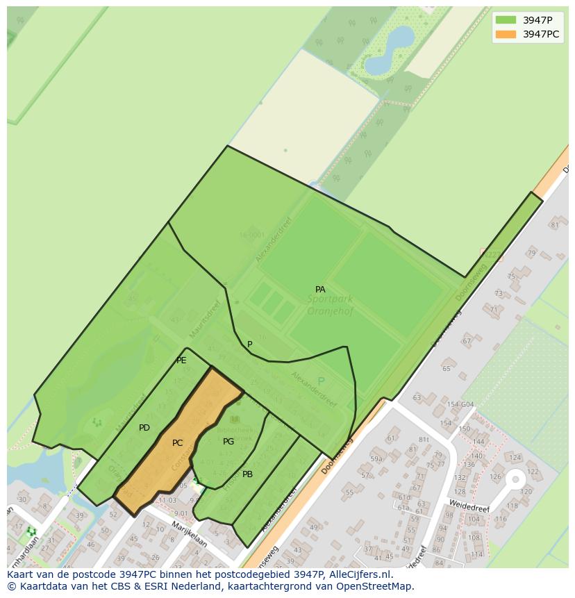 Afbeelding van het postcodegebied 3947 PC op de kaart.