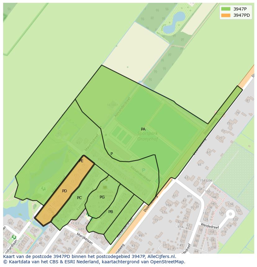 Afbeelding van het postcodegebied 3947 PD op de kaart.