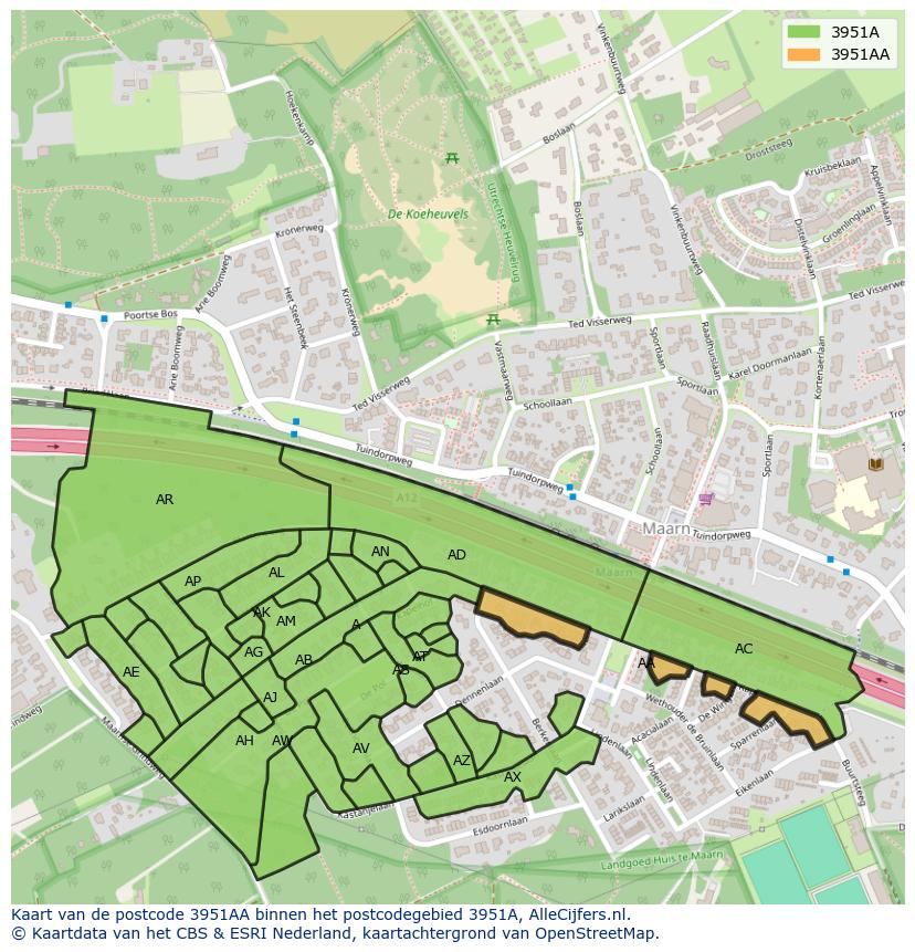 Afbeelding van het postcodegebied 3951 AA op de kaart.