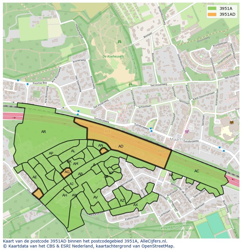 Afbeelding van het postcodegebied 3951 AD op de kaart.