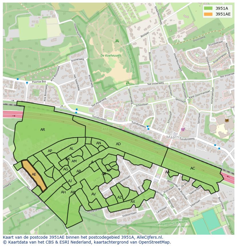 Afbeelding van het postcodegebied 3951 AE op de kaart.