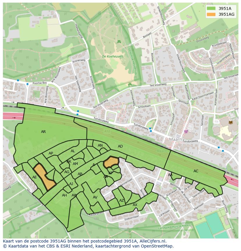Afbeelding van het postcodegebied 3951 AG op de kaart.