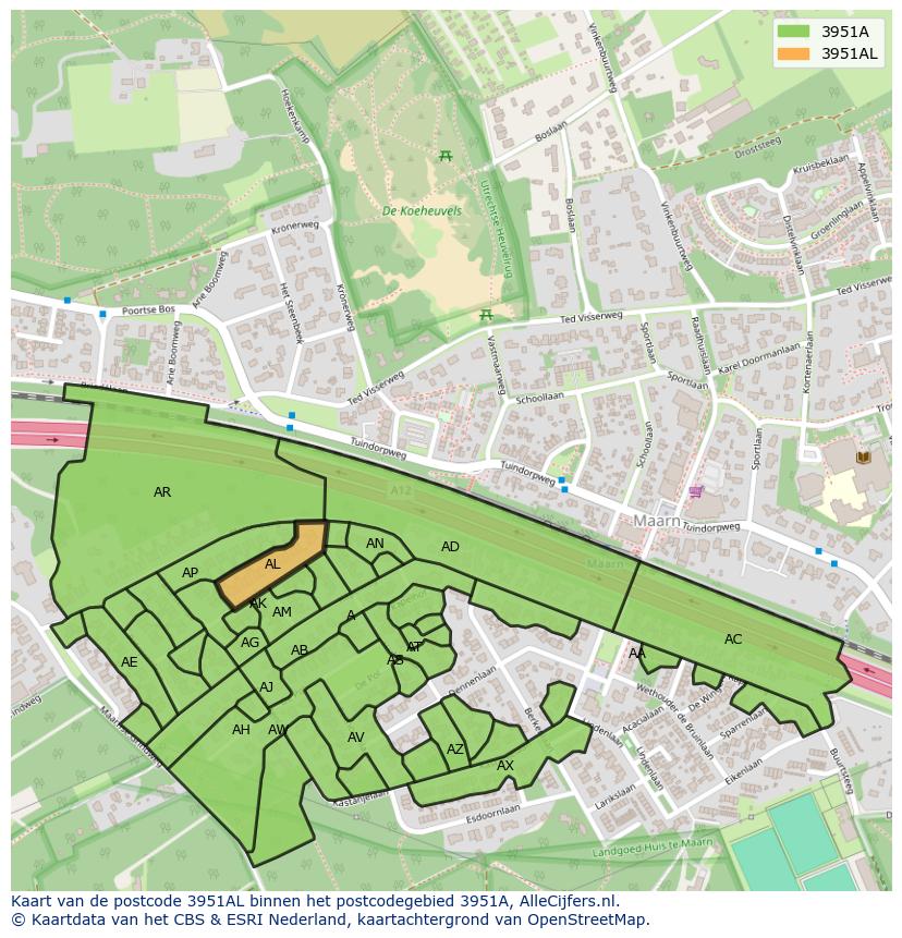 Afbeelding van het postcodegebied 3951 AL op de kaart.