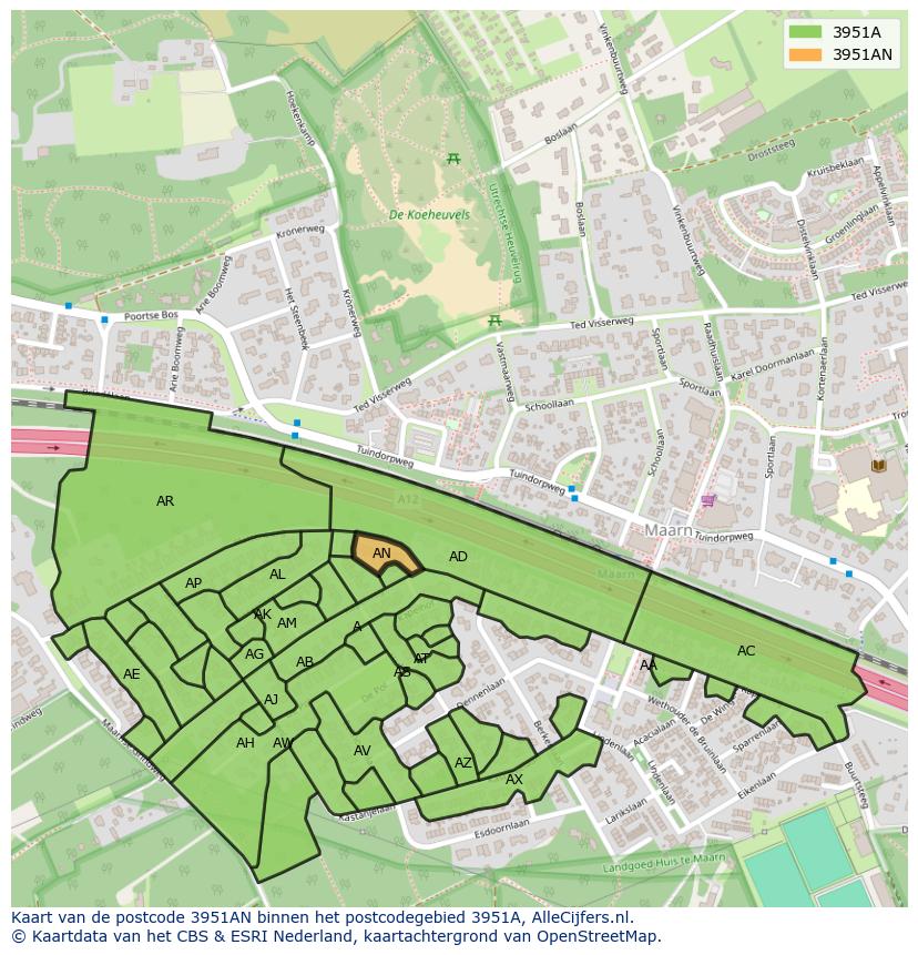 Afbeelding van het postcodegebied 3951 AN op de kaart.
