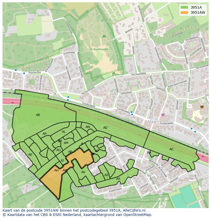 Afbeelding van het postcodegebied 3951 AW op de kaart.