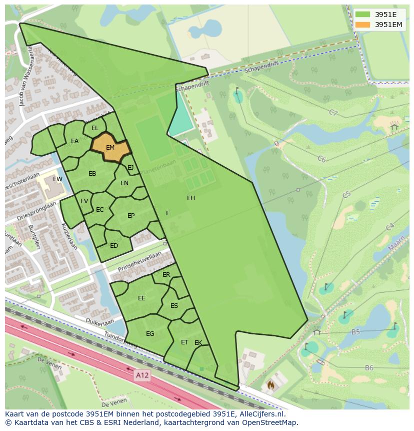 Afbeelding van het postcodegebied 3951 EM op de kaart.