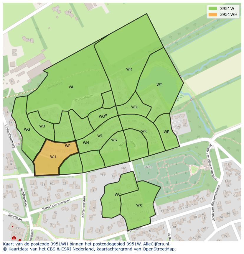 Afbeelding van het postcodegebied 3951 WH op de kaart.