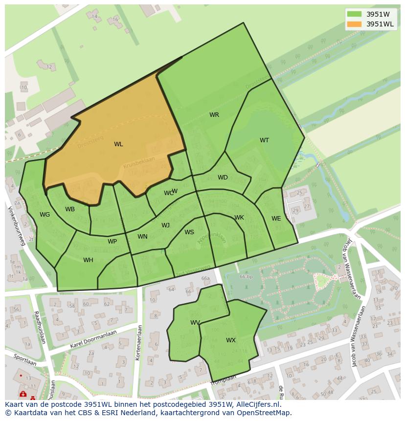 Afbeelding van het postcodegebied 3951 WL op de kaart.