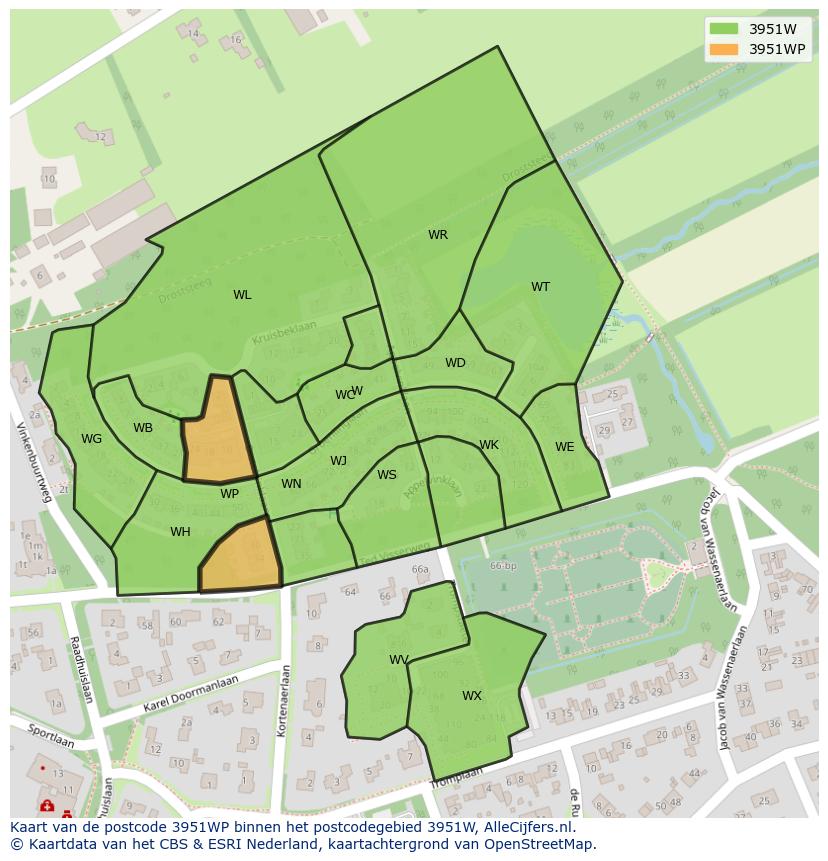 Afbeelding van het postcodegebied 3951 WP op de kaart.