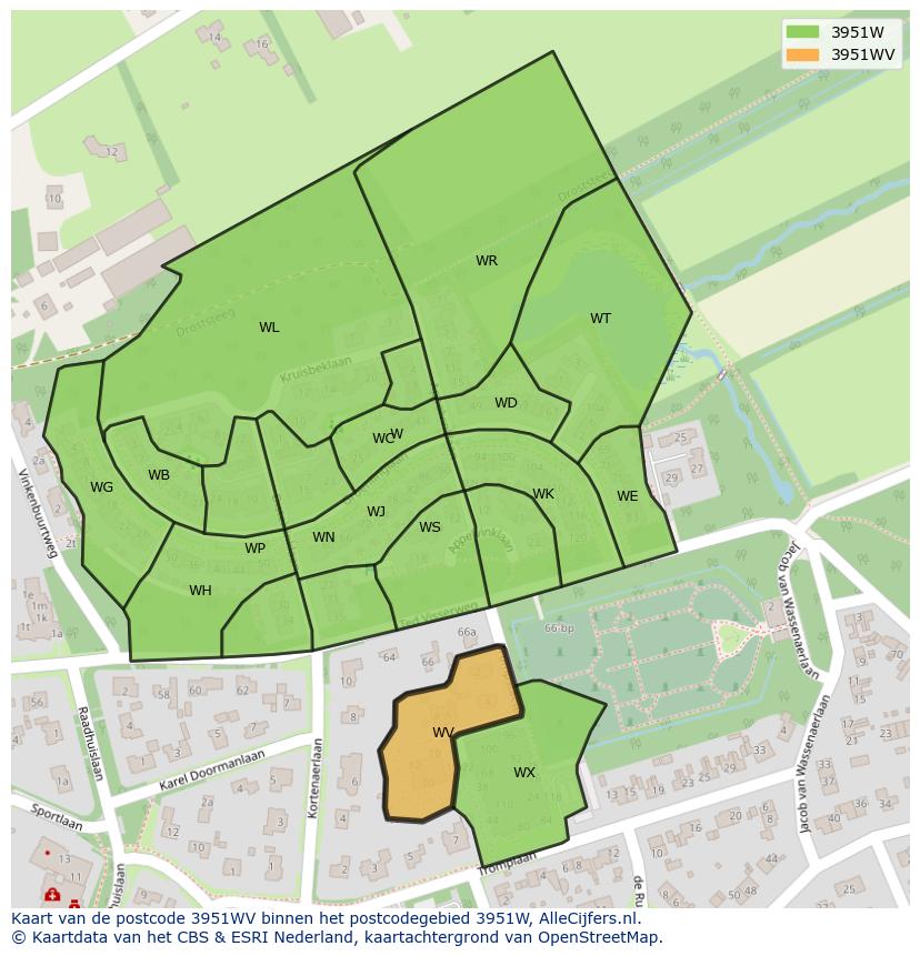 Afbeelding van het postcodegebied 3951 WV op de kaart.
