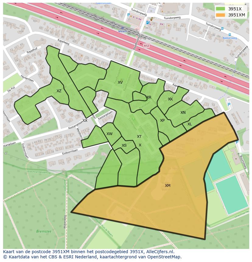Afbeelding van het postcodegebied 3951 XM op de kaart.