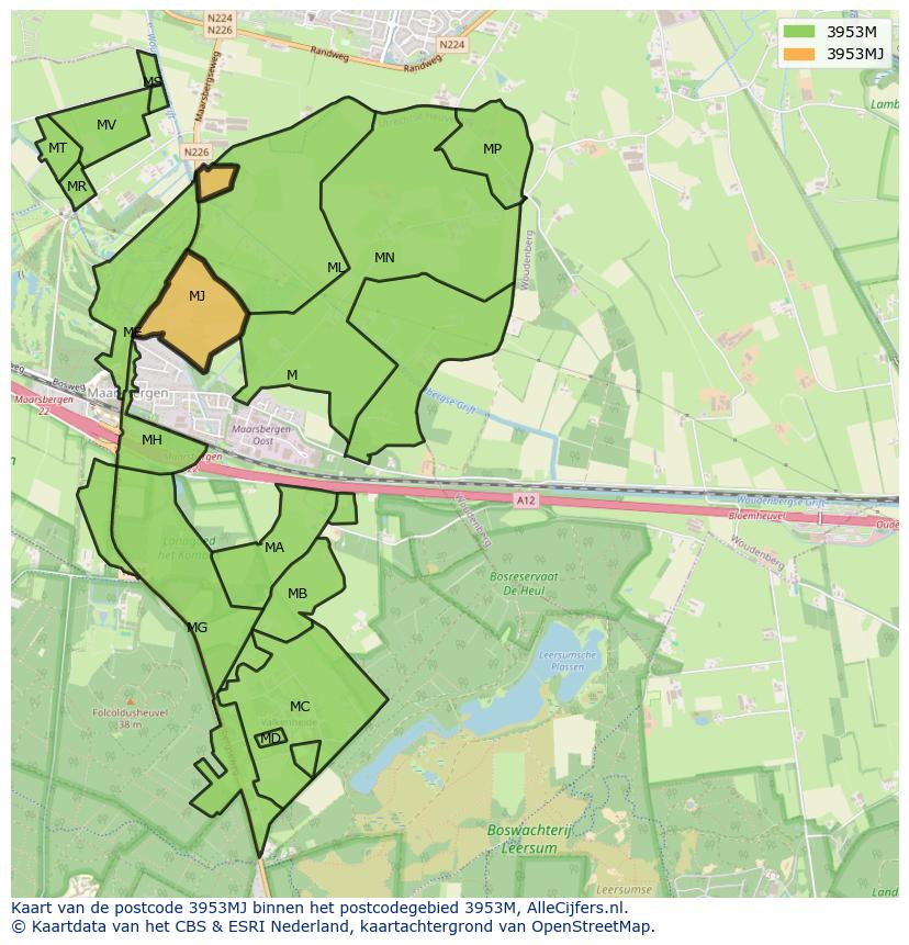 Afbeelding van het postcodegebied 3953 MJ op de kaart.