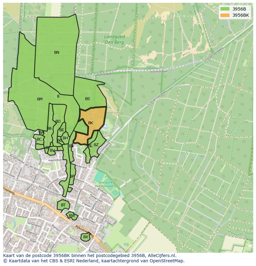 Afbeelding van het postcodegebied 3956 BK op de kaart.
