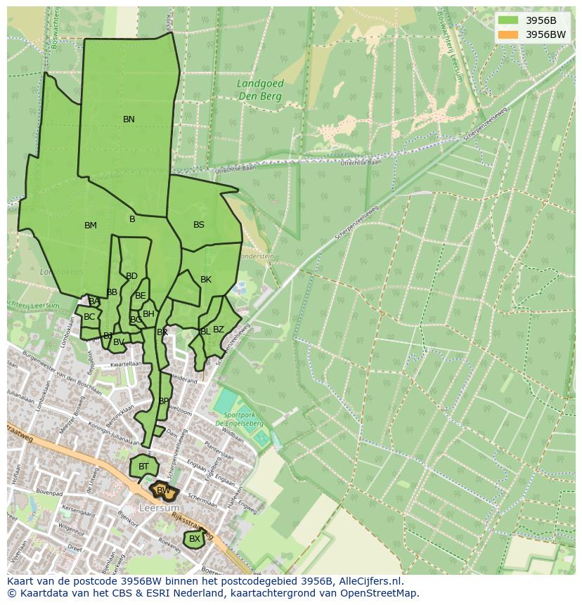 Afbeelding van het postcodegebied 3956 BW op de kaart.