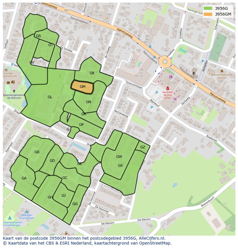 Afbeelding van het postcodegebied 3956 GM op de kaart.