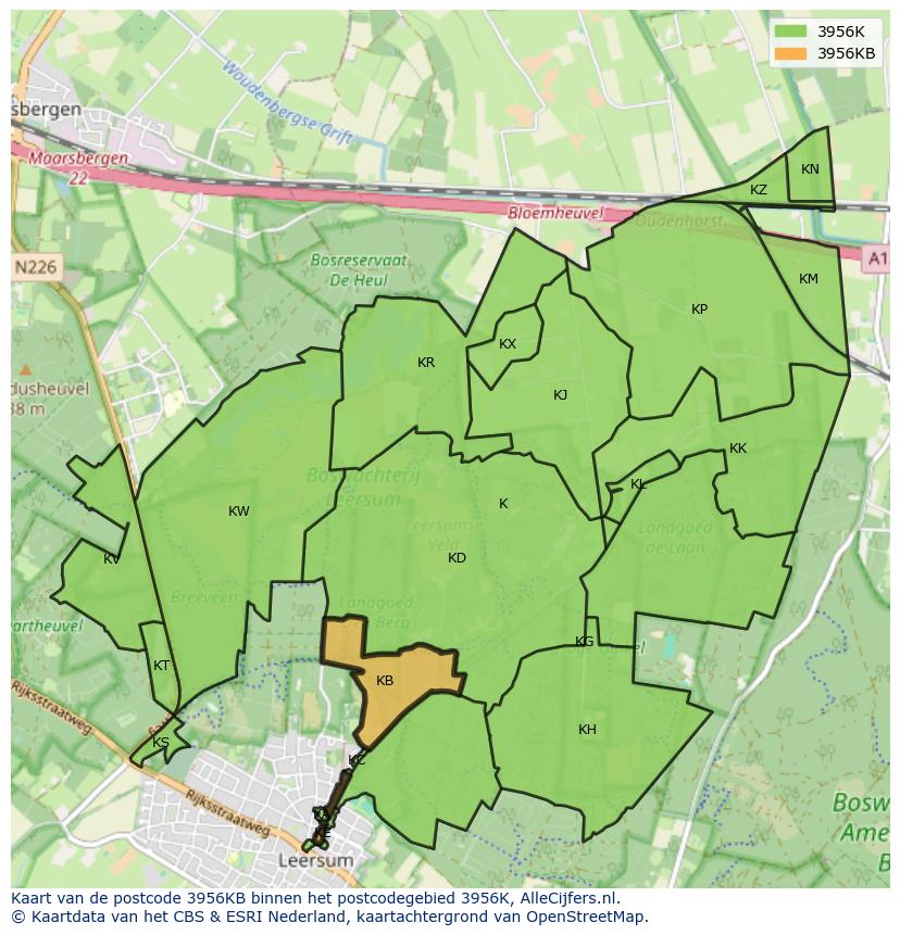 Afbeelding van het postcodegebied 3956 KB op de kaart.