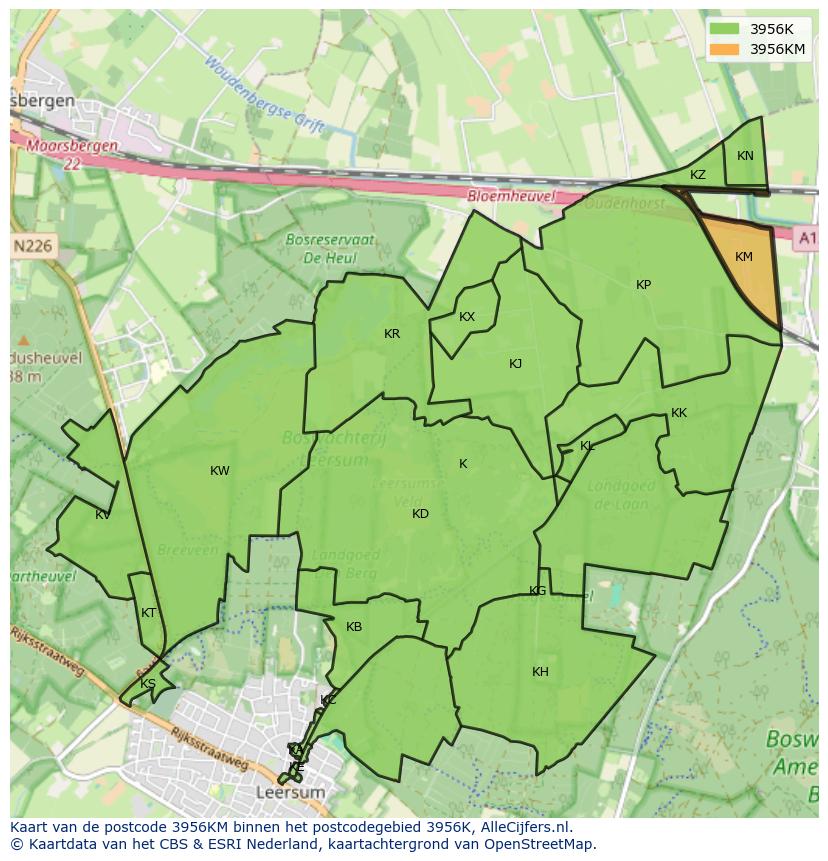 Afbeelding van het postcodegebied 3956 KM op de kaart.