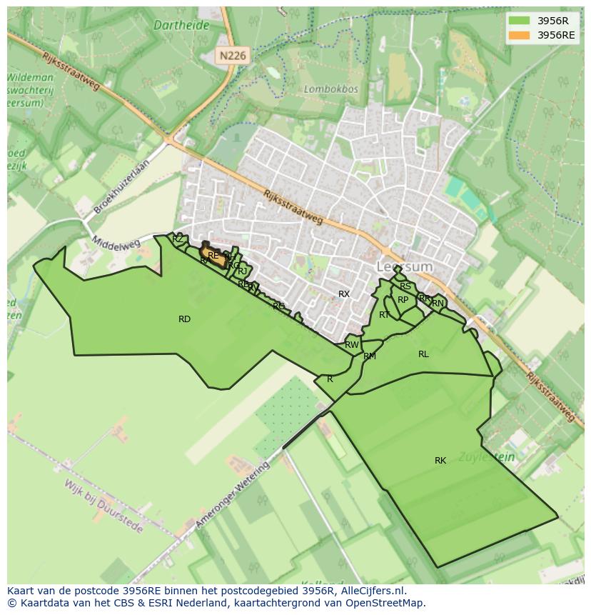 Afbeelding van het postcodegebied 3956 RE op de kaart.