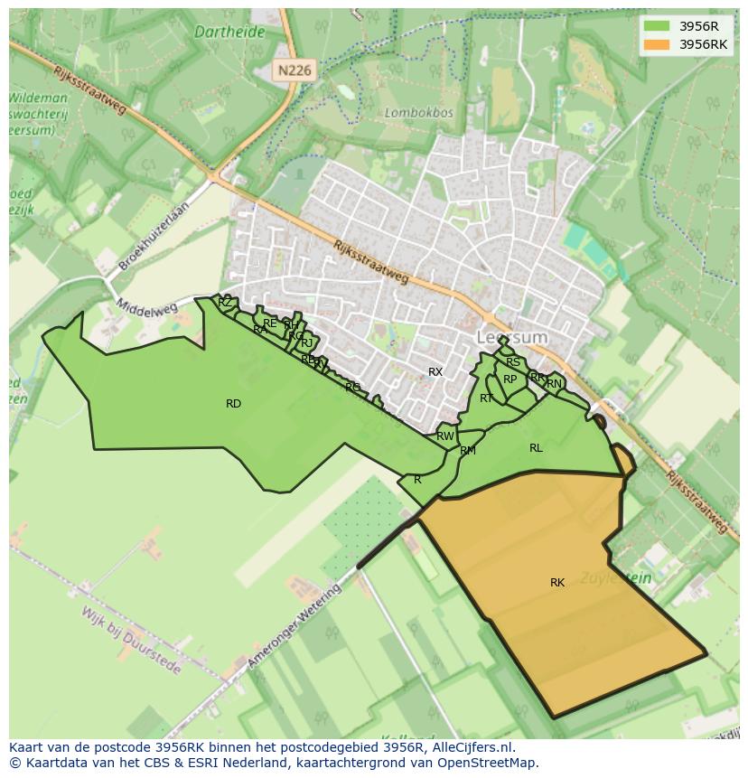 Afbeelding van het postcodegebied 3956 RK op de kaart.