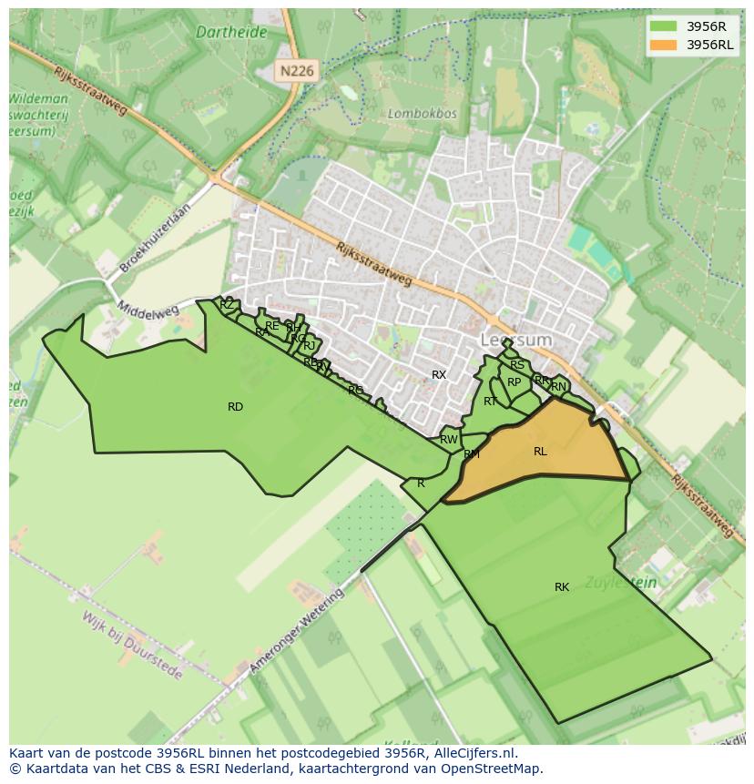 Afbeelding van het postcodegebied 3956 RL op de kaart.