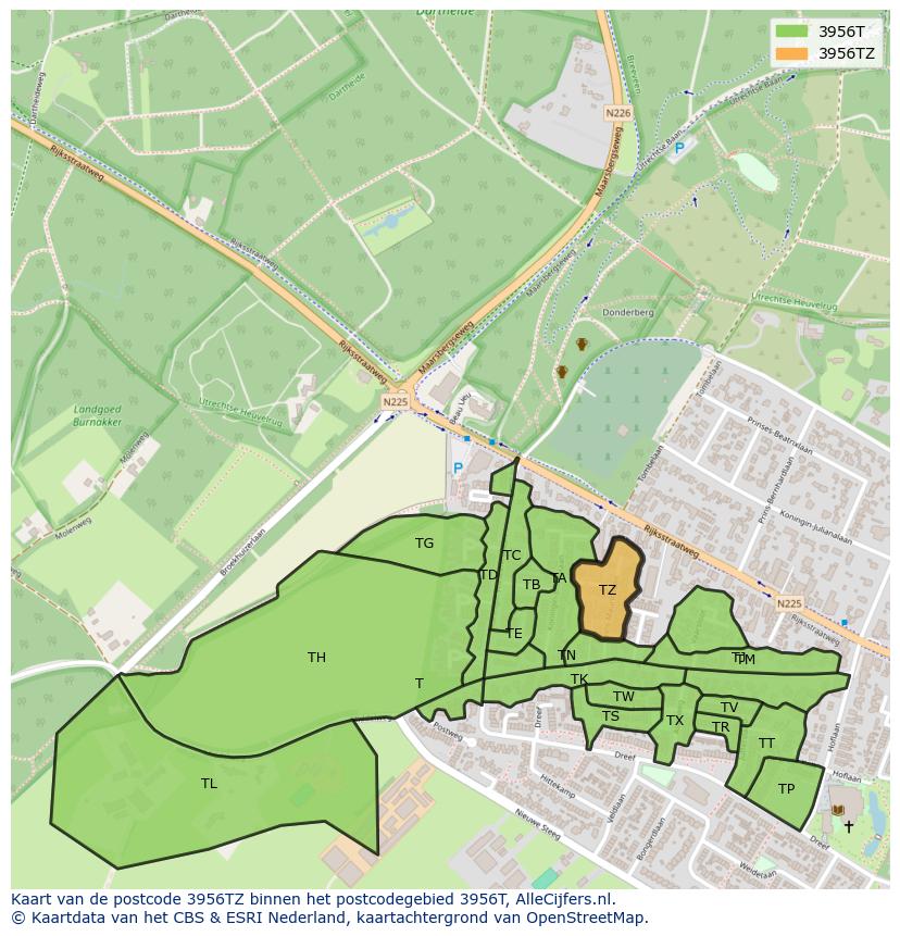 Afbeelding van het postcodegebied 3956 TZ op de kaart.