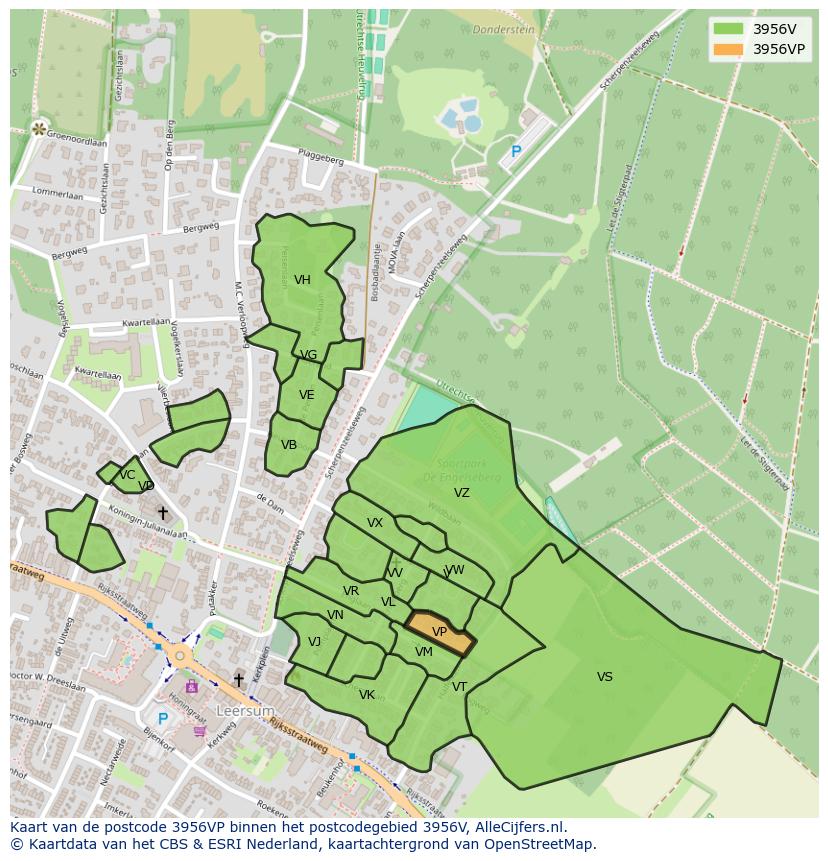 Afbeelding van het postcodegebied 3956 VP op de kaart.