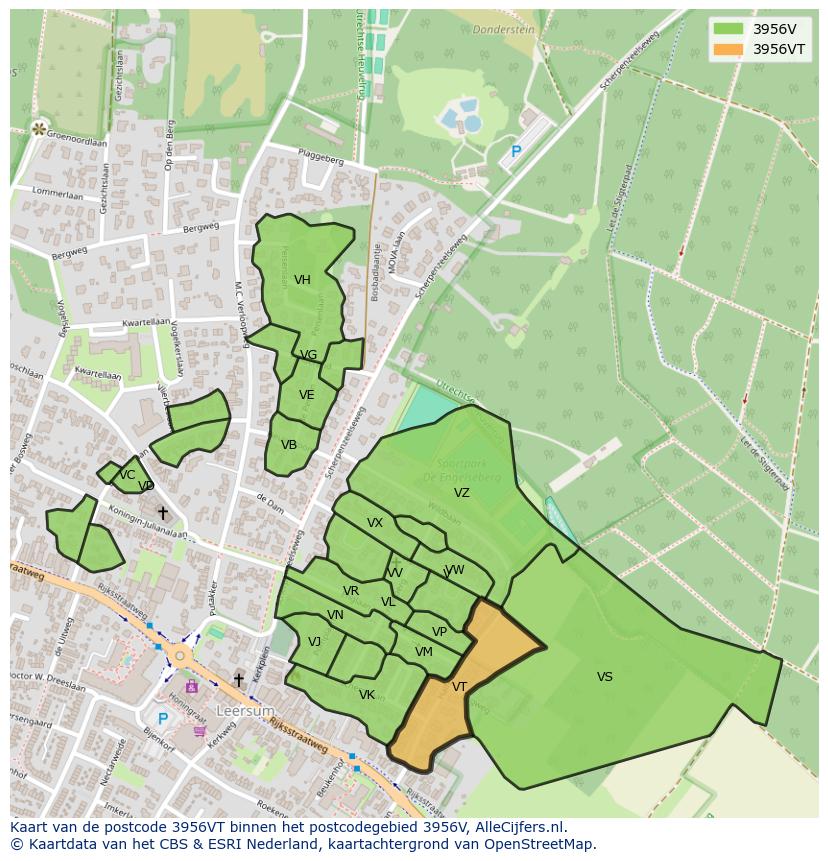 Afbeelding van het postcodegebied 3956 VT op de kaart.