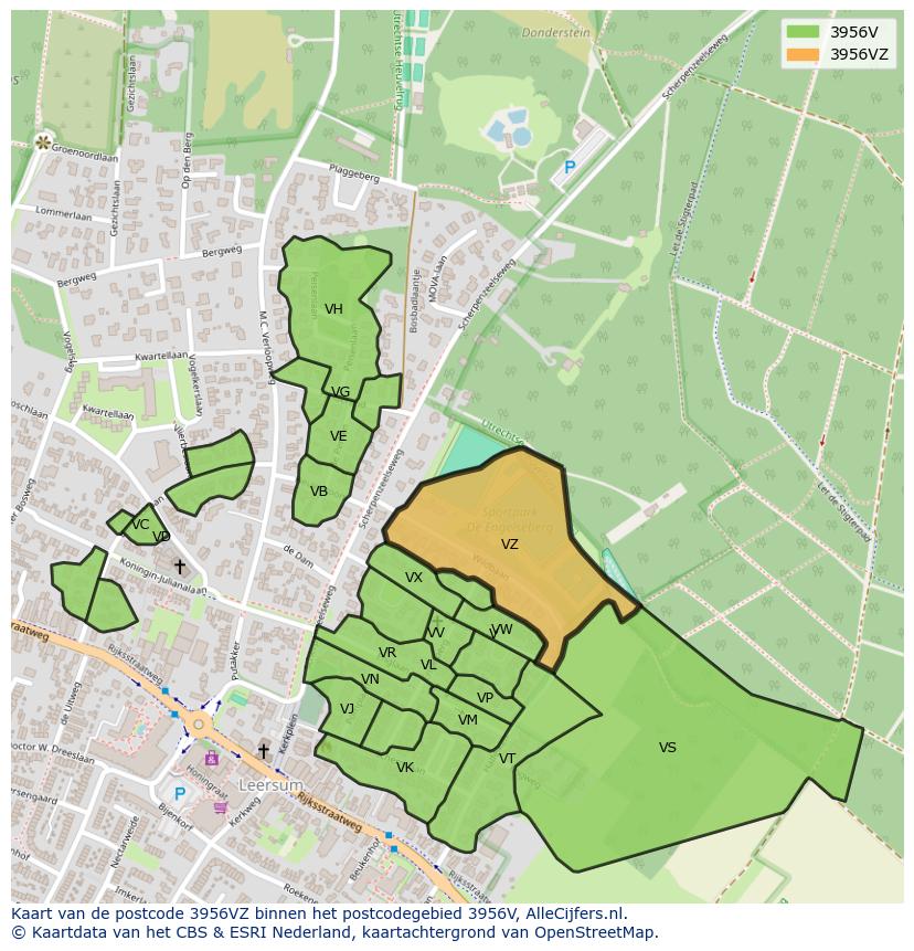 Afbeelding van het postcodegebied 3956 VZ op de kaart.