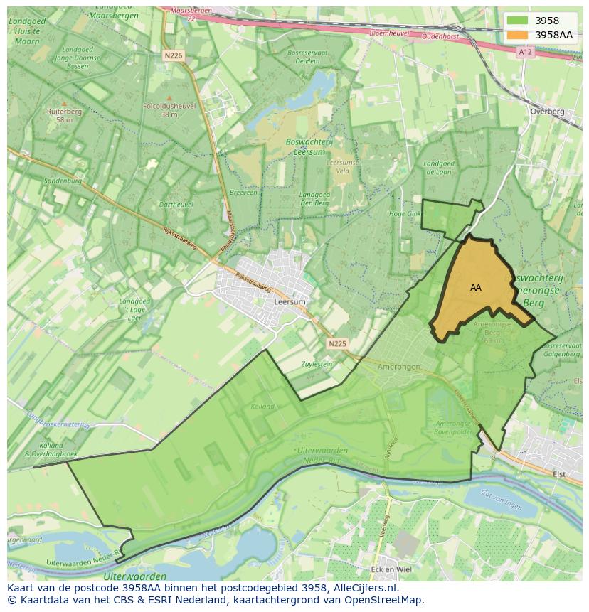 Afbeelding van het postcodegebied 3958 AA op de kaart.