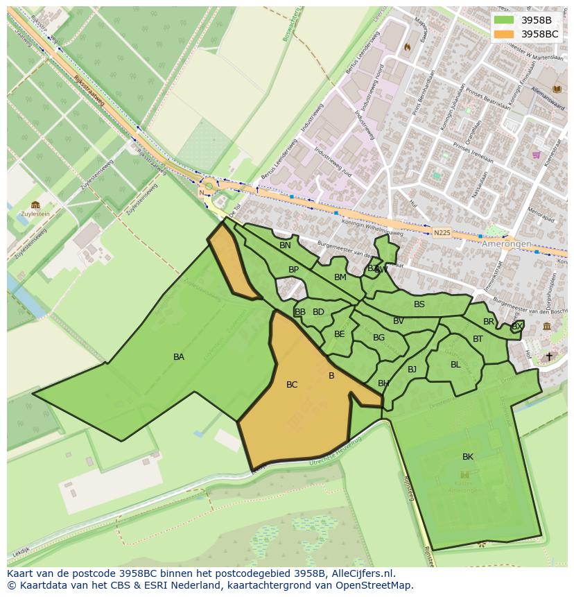 Afbeelding van het postcodegebied 3958 BC op de kaart.