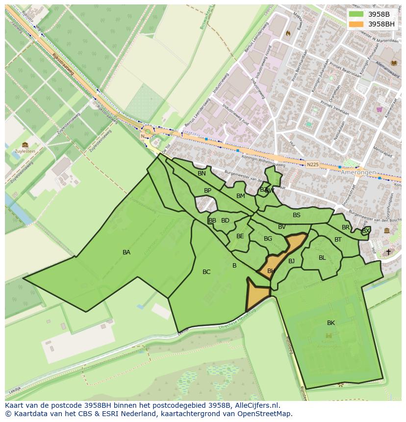 Afbeelding van het postcodegebied 3958 BH op de kaart.