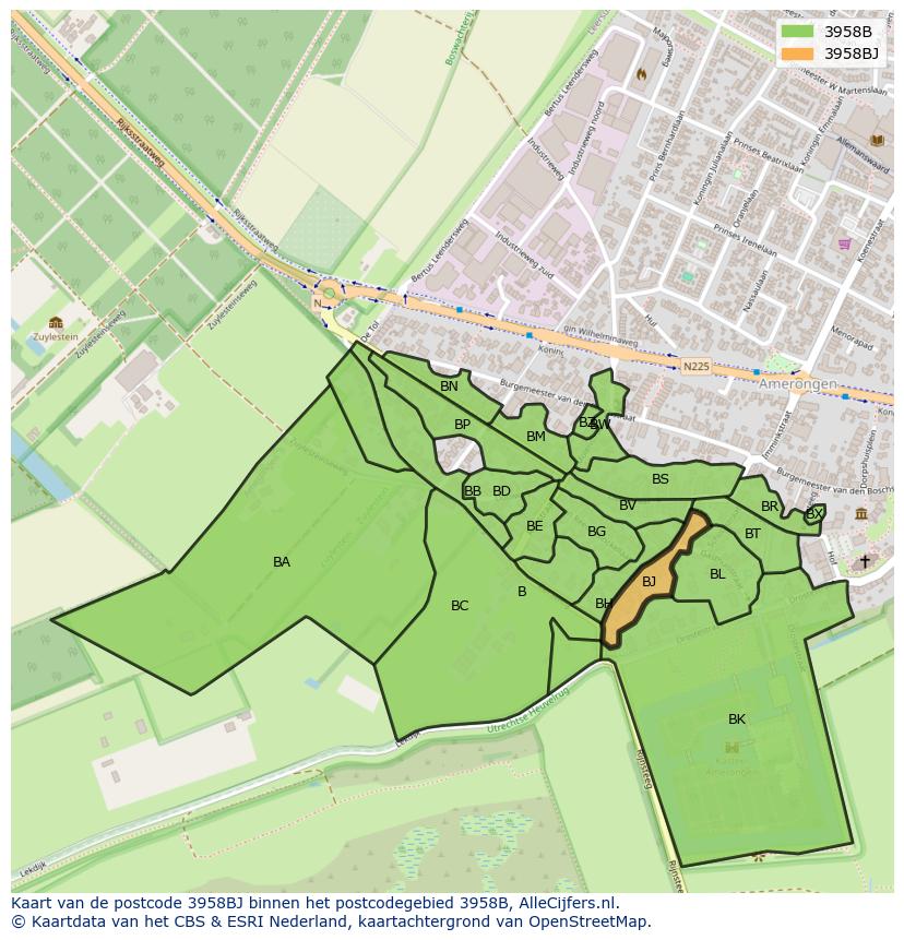 Afbeelding van het postcodegebied 3958 BJ op de kaart.