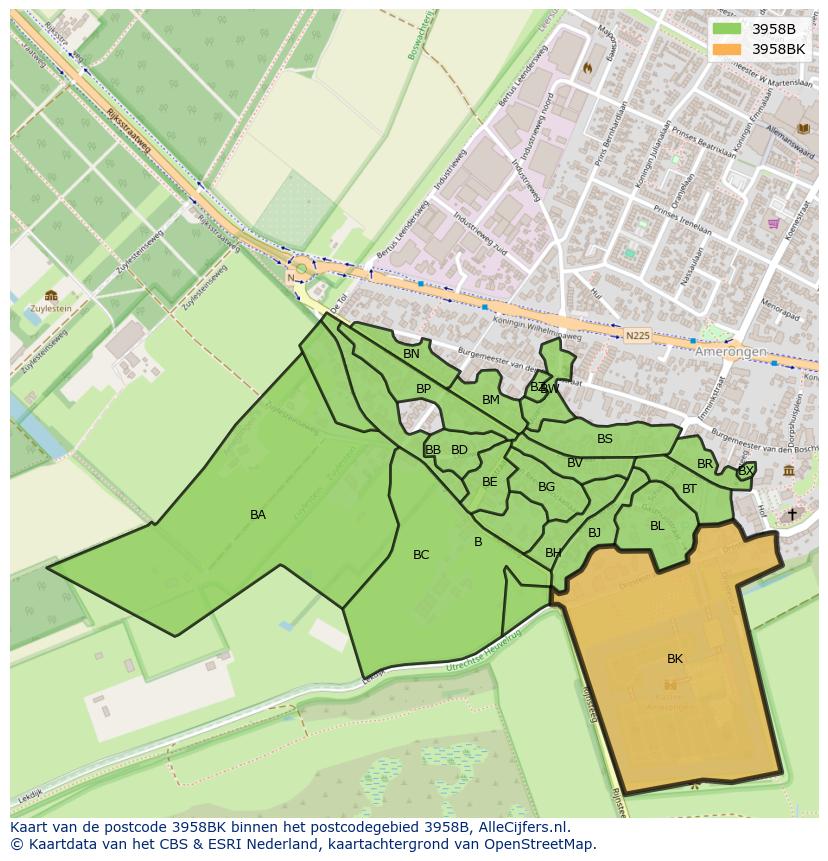 Afbeelding van het postcodegebied 3958 BK op de kaart.