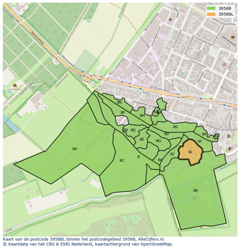 Afbeelding van het postcodegebied 3958 BL op de kaart.