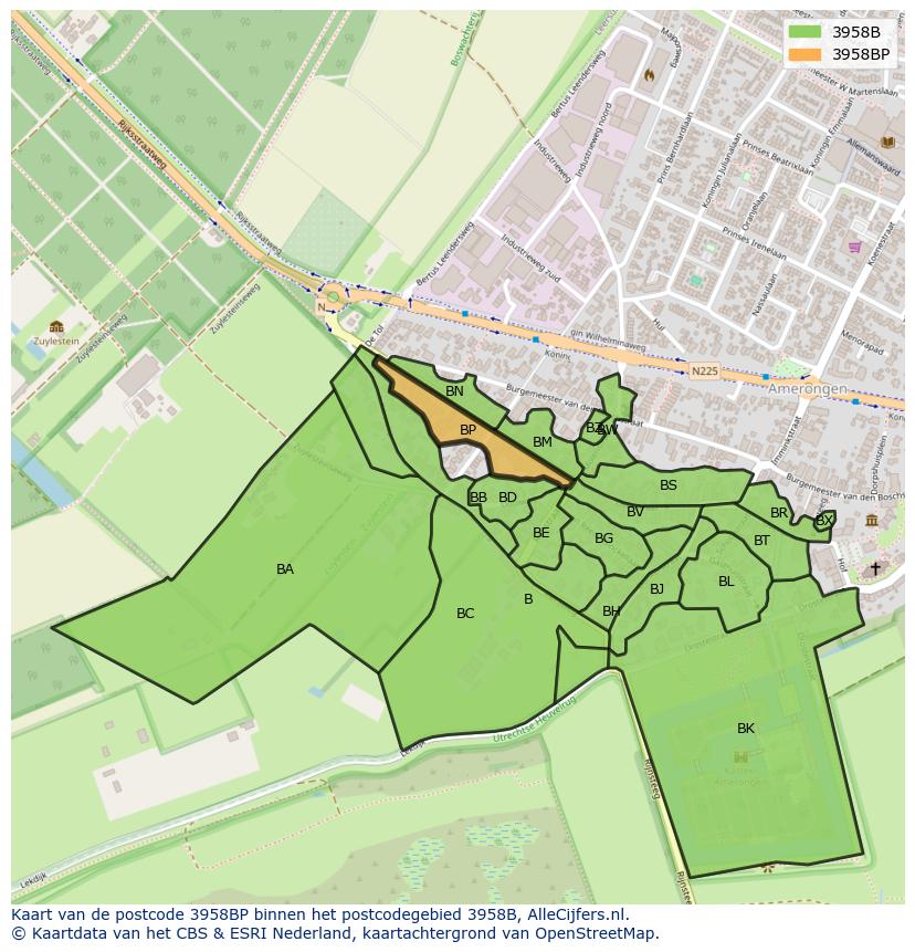 Afbeelding van het postcodegebied 3958 BP op de kaart.