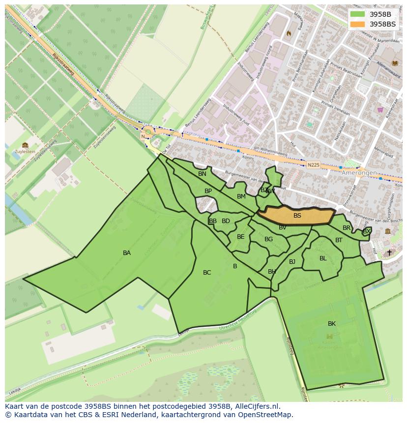Afbeelding van het postcodegebied 3958 BS op de kaart.